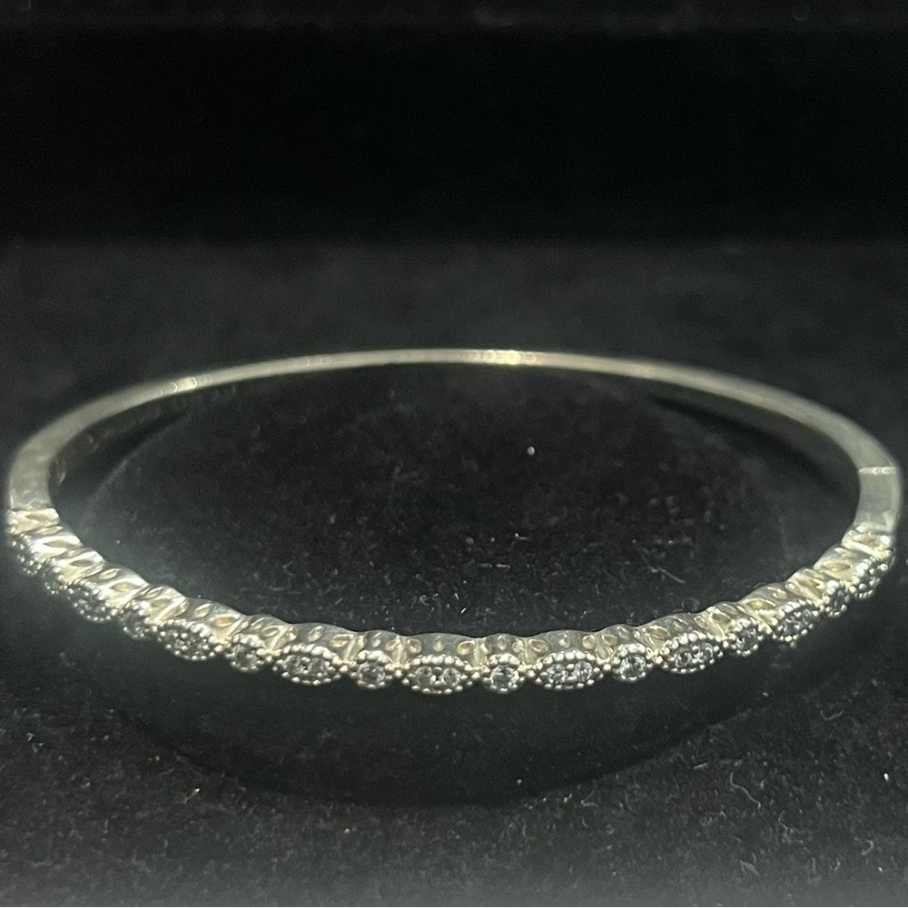 Pandora Silver bangle with CZ. Clasp opening shown in picture.